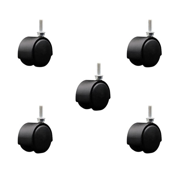 2'' Black Metal Hood Twin Wheel Caster Nylon Wheels 5/16 Thread Stem, 5PK